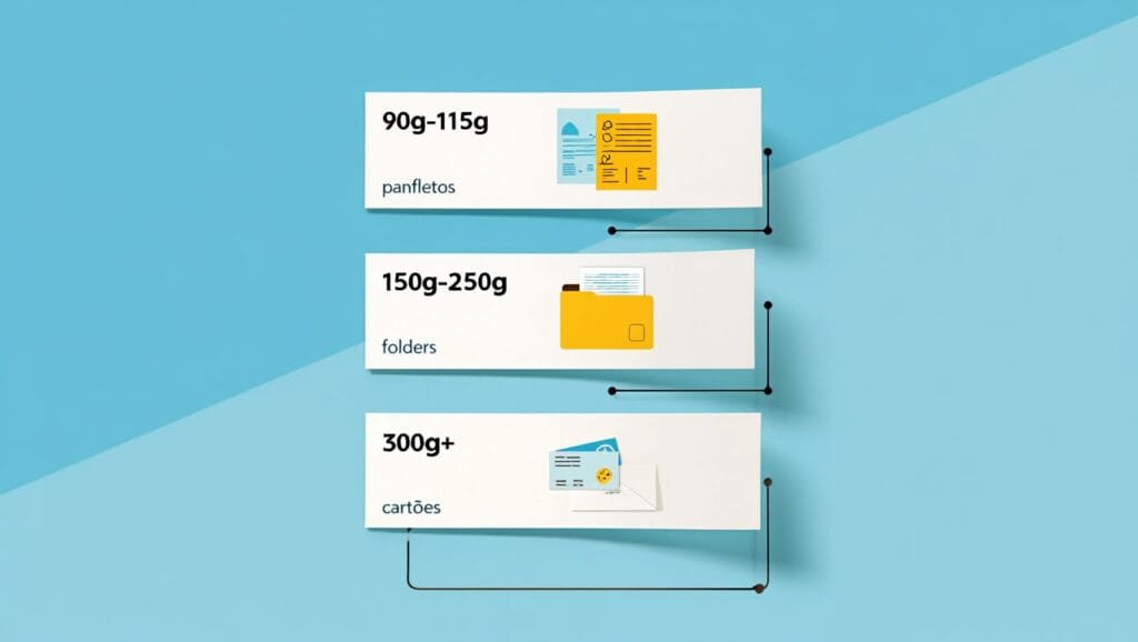 Gráfico visual criativo mostrando três tipos de papel couchê empilhados em níveis: 90g-115g (panfletos), 150g-250g (folders), 300g+ (cartões). Cada nível com exemplo visual ao lado. Estilo infográfico colorido, com toque profissional e amigável.