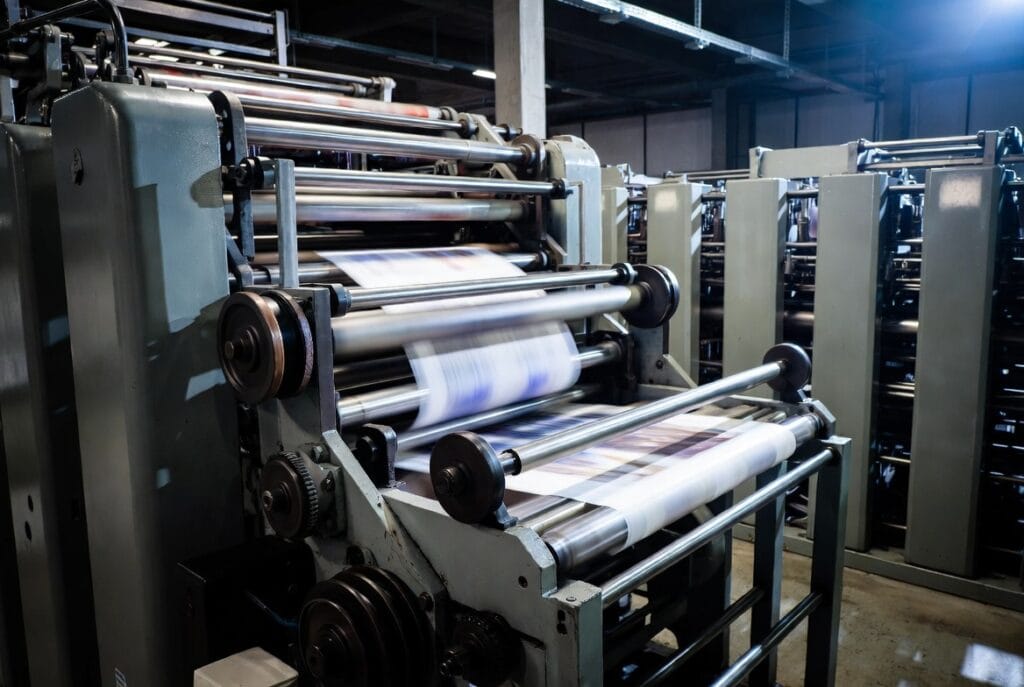 Uma gráfica moderna em ação, com uma grande impressora offset em funcionamento.