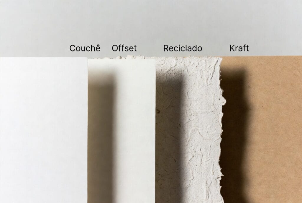 Uma imagem comparativa de quatro tipos de papéis (Couchê, Offset, Reciclado e Kraft) dispostos lado a lado. Cada tipo de papel está sendo usado para imprimir diferentes materiais gráficos, como cartões, folhetos, catálogos e embalagens, com suas características visuais e texturas bem destacadas.
