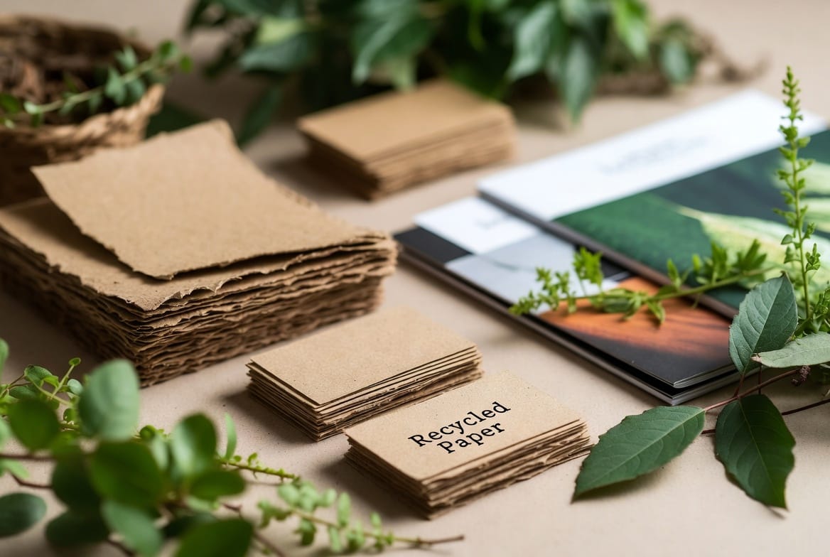 Uma representação de materiais gráficos ecológicos feitos de papel reciclado