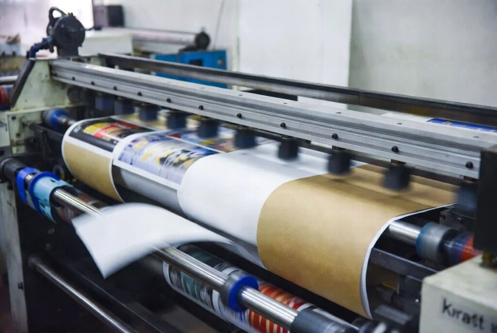 Uma visão detalhada de uma máquina de impressão, mostrando como diferentes papéis (Couchê, Offset, Reciclado, Kraft) estão sendo alimentados na impressora. O foco deve estar nas folhas sendo impressas, com diferentes tipos de acabamento e cores aparecendo em cada uma delas.