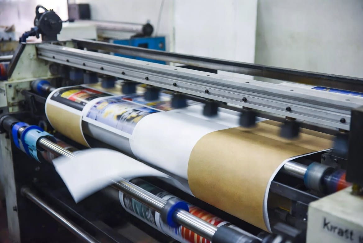 Uma visão detalhada de uma máquina de impressão, mostrando como diferentes papéis (Couchê, Offset, Reciclado, Kraft) estão sendo alimentados na impressora. O foco deve estar nas folhas sendo impressas, com diferentes tipos de acabamento e cores aparecendo em cada uma delas.