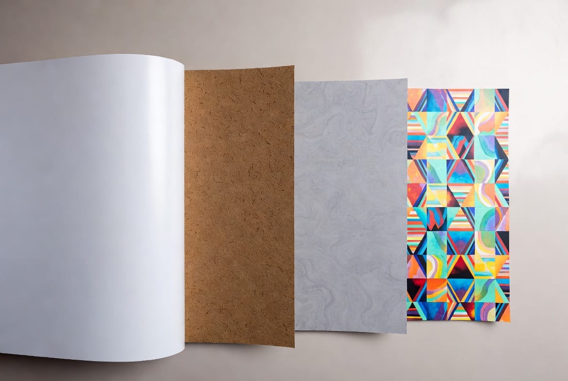 Close-up de quatro tipos de papéis, mostrando suas texturas distintas: o brilho suave do couchê, a rugosidade do kraft, a opacidade do offset e a textura natural e reciclada do papel ecológico. Cada um é destacado com um fundo neutro que permite visualizar as diferentes superfícies.